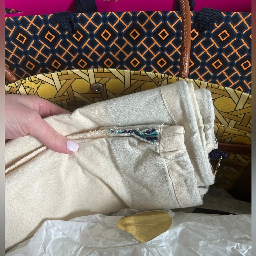 Tory Burch Canvas Basketweave Tote Bag Saffron Basketweave Gold Yellow Brown